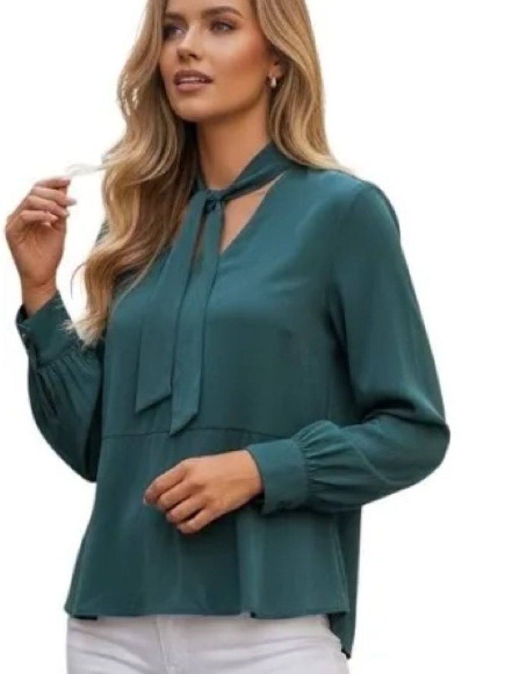 Becken Emerald Tie Neck Blouse Green Peplum Silk